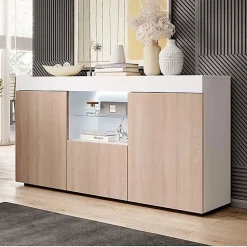 Bahut bas contemporain - Mélamine mate, LED - Blanc/Sonoma - 3 portes - L135xH73xP34 cm