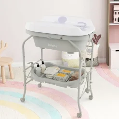 Baignoire bébé pliable Table à Langer avec rangement à roulettes Gris clair