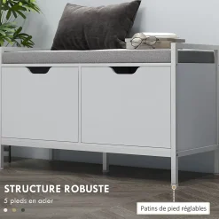 Banc à chaussures - 2 portes - coussin rembourré - gris blanc