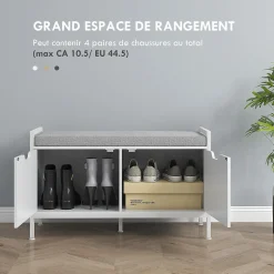 Banc à chaussures - 2 portes - coussin rembourré - gris blanc