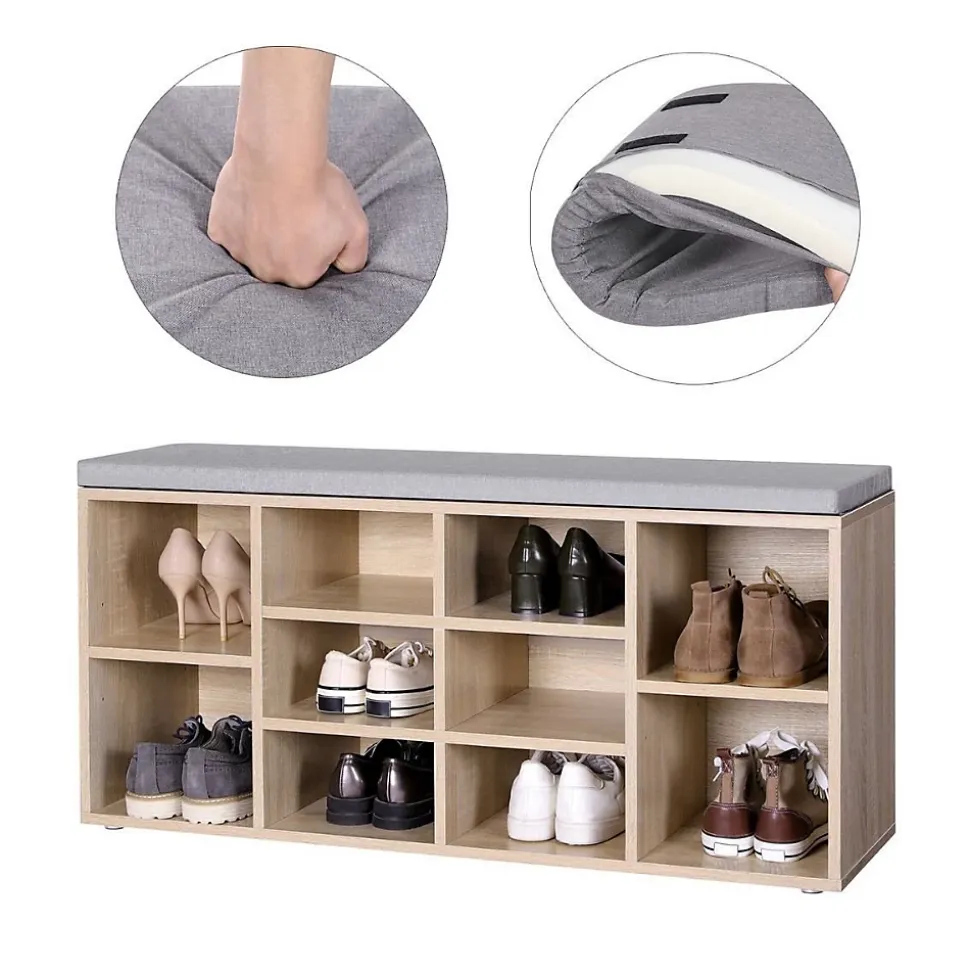Banc à Chaussures 10 Niches Décor Bois - L104 cm