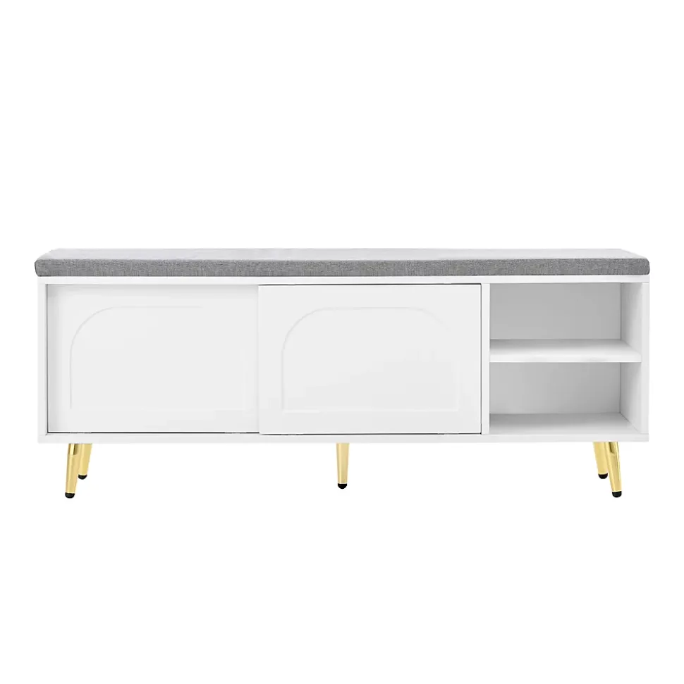 Banc à Chaussures Blanc avec Assise Rembourrée et Rangement Intégré, Meuble Multifonction pour Entrée ou Chambre - 121x35x49 cm