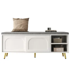 Banc à Chaussures Blanc avec Assise Rembourrée et Rangement Intégré, Meuble Multifonction pour Entrée ou Chambre - 121x35x49 cm