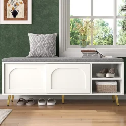 Banc à Chaussures Blanc avec Assise Rembourrée et Rangement Intégré, Meuble Multifonction pour Entrée ou Chambre - 121x35x49 cm