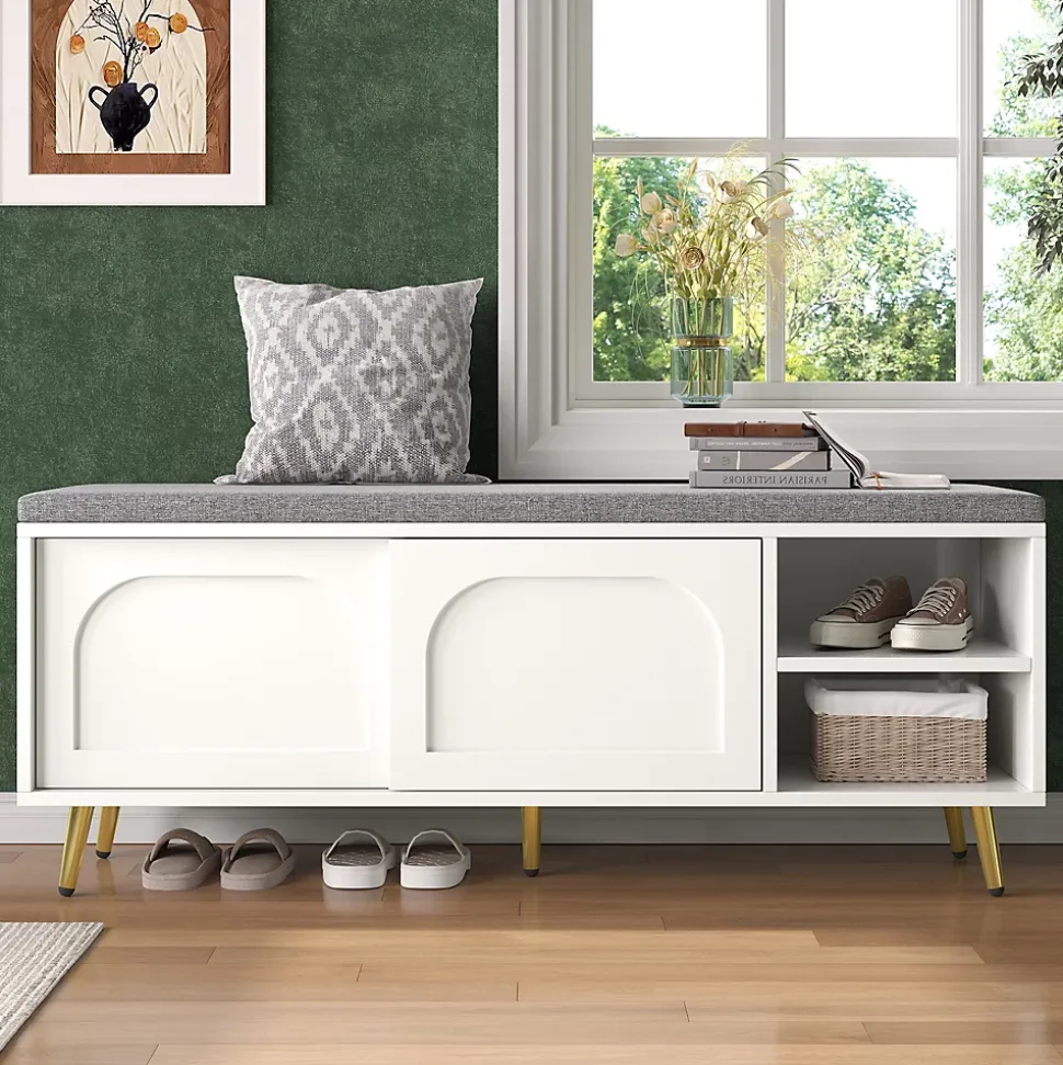 Banc à Chaussures Blanc avec Assise Rembourrée et Rangement Intégré, Meuble Multifonction pour Entrée ou Chambre - 121x35x49 cm
