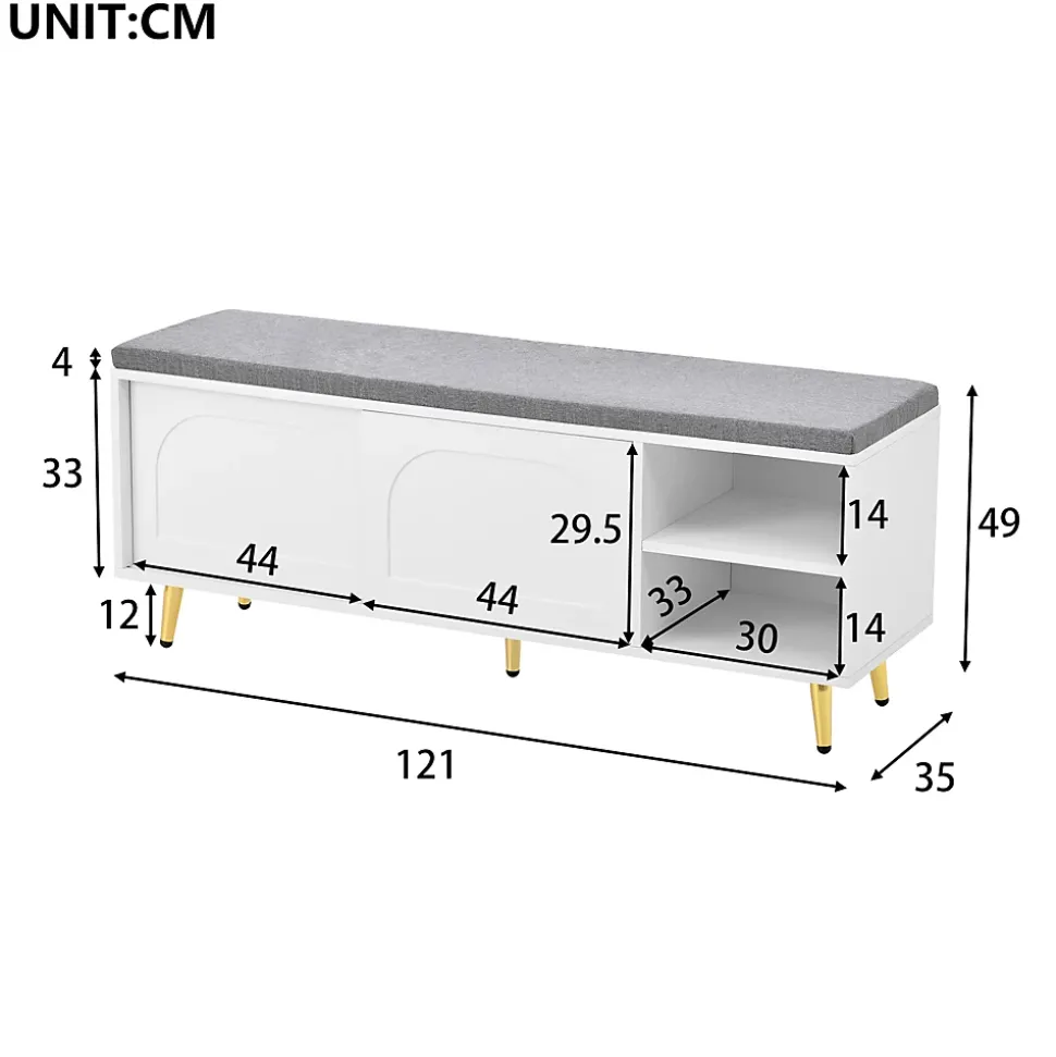 Banc à Chaussures Blanc avec Assise Rembourrée et Rangement Intégré, Meuble Multifonction pour Entrée ou Chambre - 121x35x49 cm