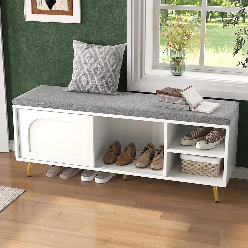 Banc à Chaussures Blanc avec Assise Rembourrée et Rangement Intégré, Meuble Multifonction pour Entrée ou Chambre - 121x35x49 cm