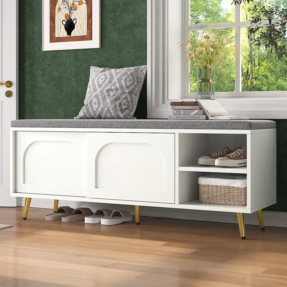 Banc à Chaussures Blanc avec Assise Rembourrée et Rangement Intégré, Meuble Multifonction pour Entrée ou Chambre - 121x35x49 cm