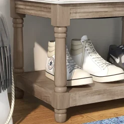 Banc à chaussures capitonnée style classique chic étagère bois sculpté tissu beige