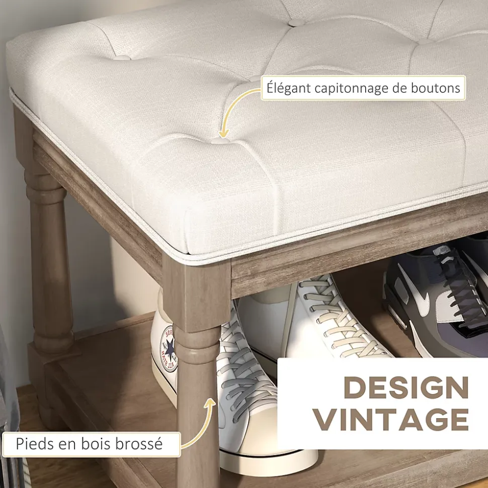 Banc à chaussures capitonnée style classique chic étagère bois sculpté tissu beige