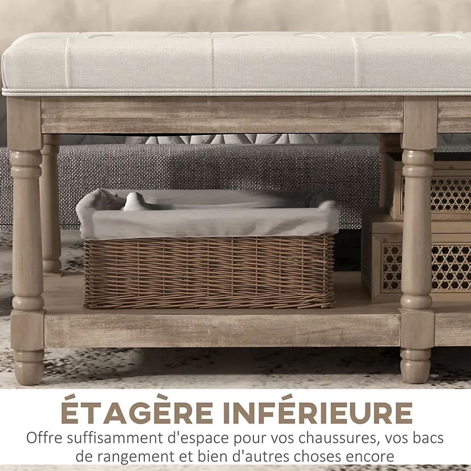 Banc à chaussures capitonnée style classique chic étagère bois sculpté tissu beige