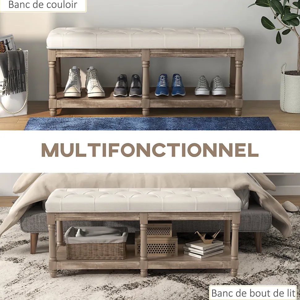 Banc à chaussures capitonnée style classique chic étagère bois sculpté tissu beige