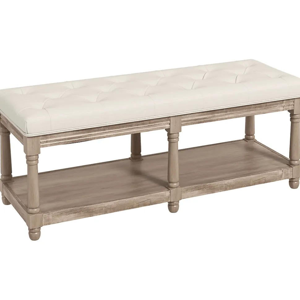 Banc à chaussures capitonnée style classique chic étagère bois sculpté tissu beige