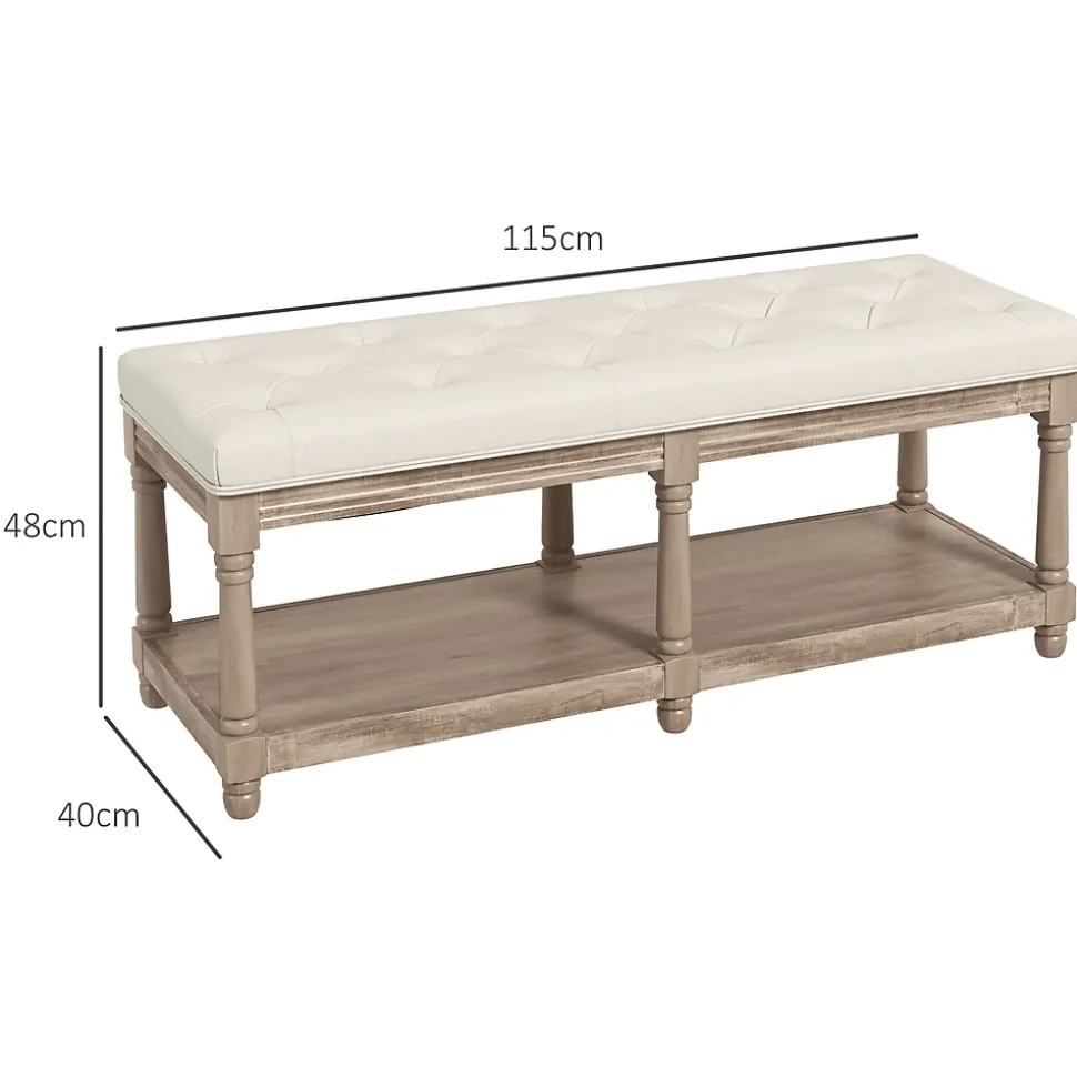Banc à chaussures capitonnée style classique chic étagère bois sculpté tissu beige