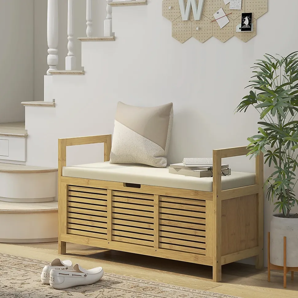 Banc à chaussures coffre de rangement 2 en 1 avec coussin bambou