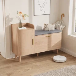 Banc à chaussures en bois avec coussin gris, Rangement pliable 34 cm, assise amovible et étagères réglables