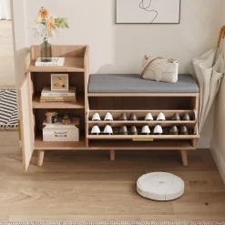 Banc à chaussures en bois avec coussin gris, Rangement pliable 34 cm, assise amovible et étagères réglables