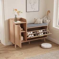Banc à chaussures en bois avec coussin gris, Rangement pliable 34 cm, assise amovible et étagères réglables