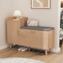 Banc à chaussures en bois avec coussin gris, Rangement pliable 34 cm, assise amovible et étagères réglables