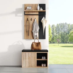 Banc à chaussures, meuble d'entrée, armoire à chaussures à 2 portes, 70x36x146cm, noir et naturel