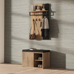 Banc à chaussures, meuble d'entrée, armoire à chaussures à 2 portes, 70x36x146cm, noir et naturel