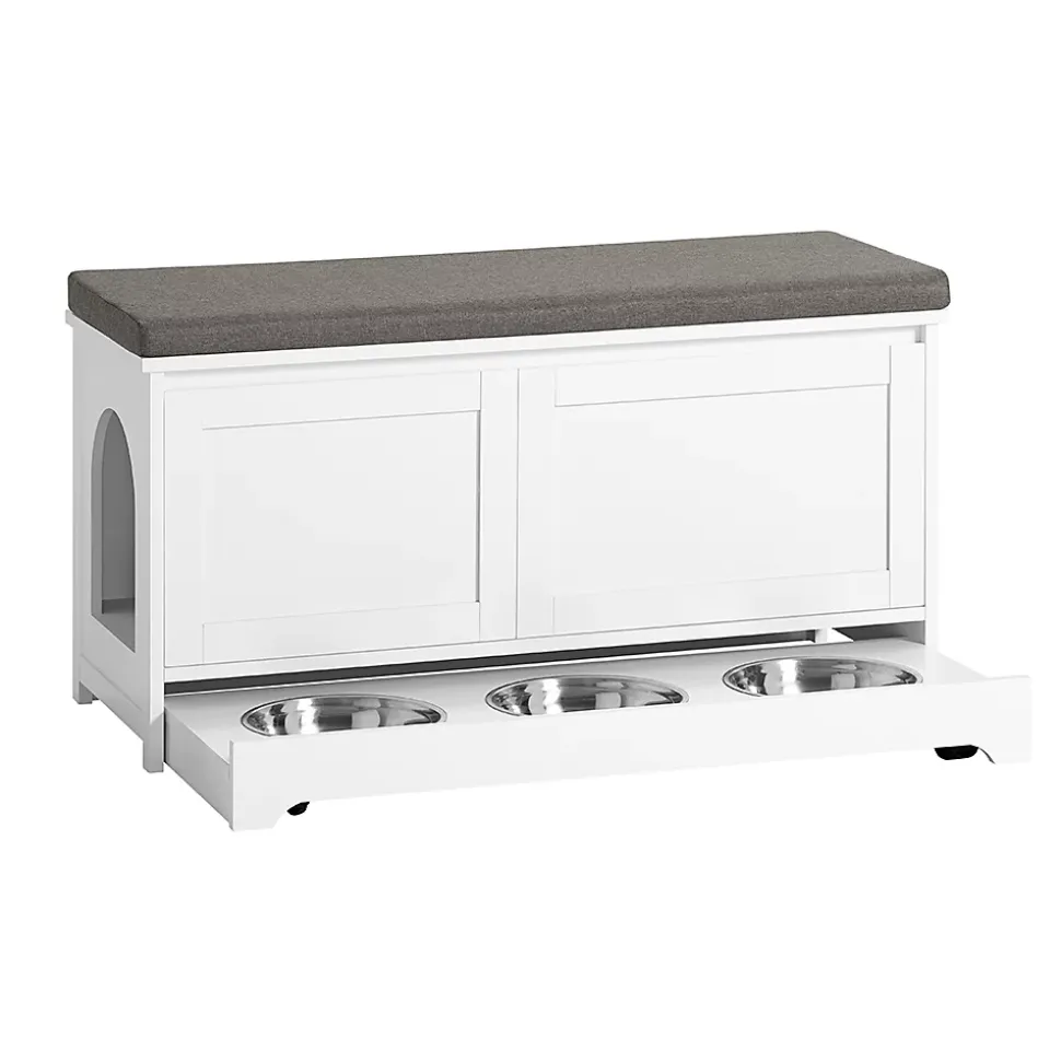 Banc à Chaussures Meuble Litière Chat, 2 Portes, 3 Bols Intégrés, Coussin, FSR136-W, SoBuy
