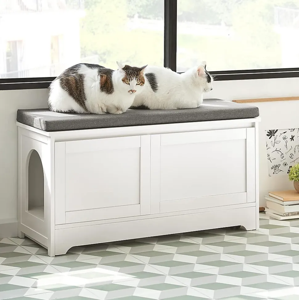 Banc à Chaussures Meuble Litière Chat, 2 Portes, 3 Bols Intégrés, Coussin, FSR136-W, SoBuy
