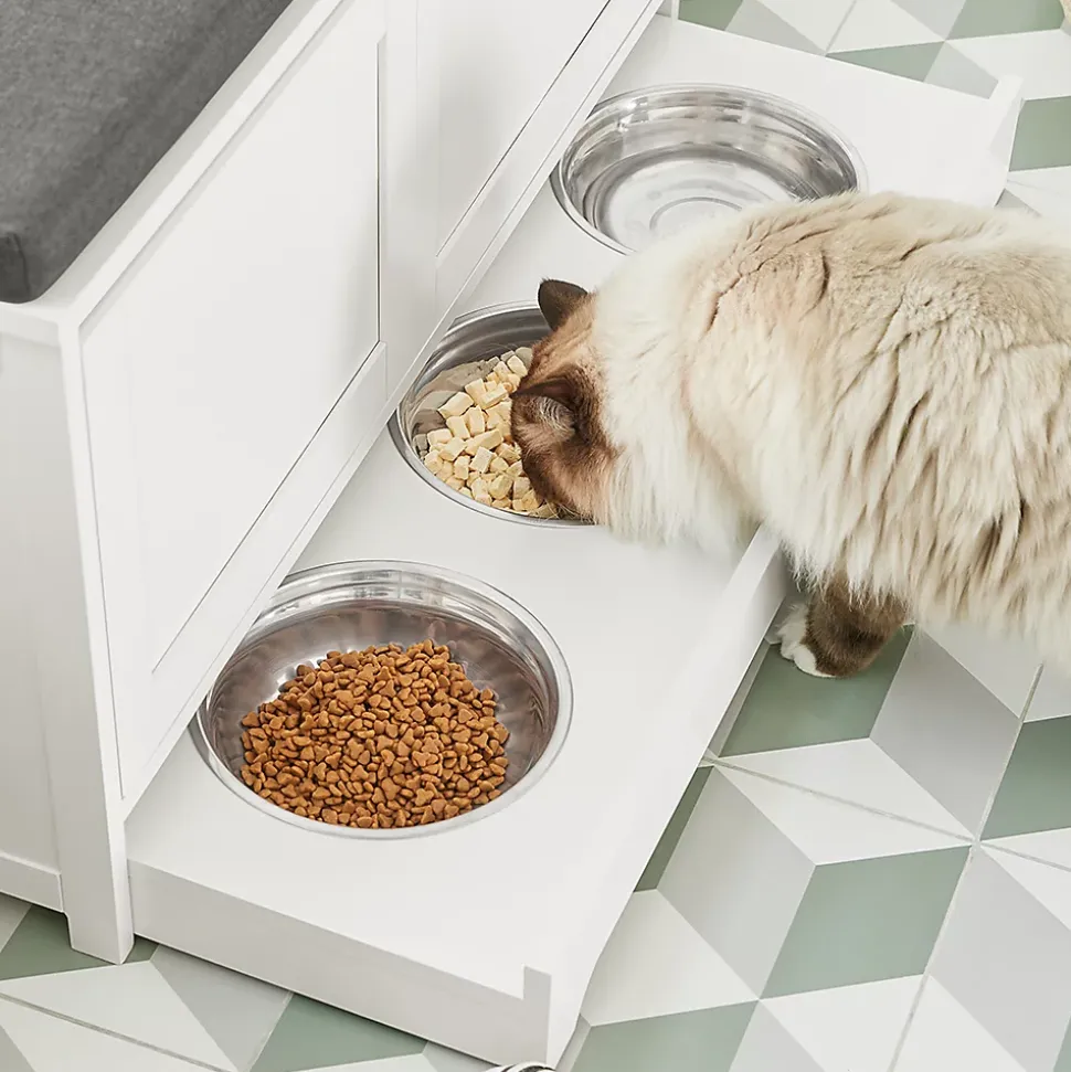 Banc à Chaussures Meuble Litière Chat, 2 Portes, 3 Bols Intégrés, Coussin, FSR136-W, SoBuy
