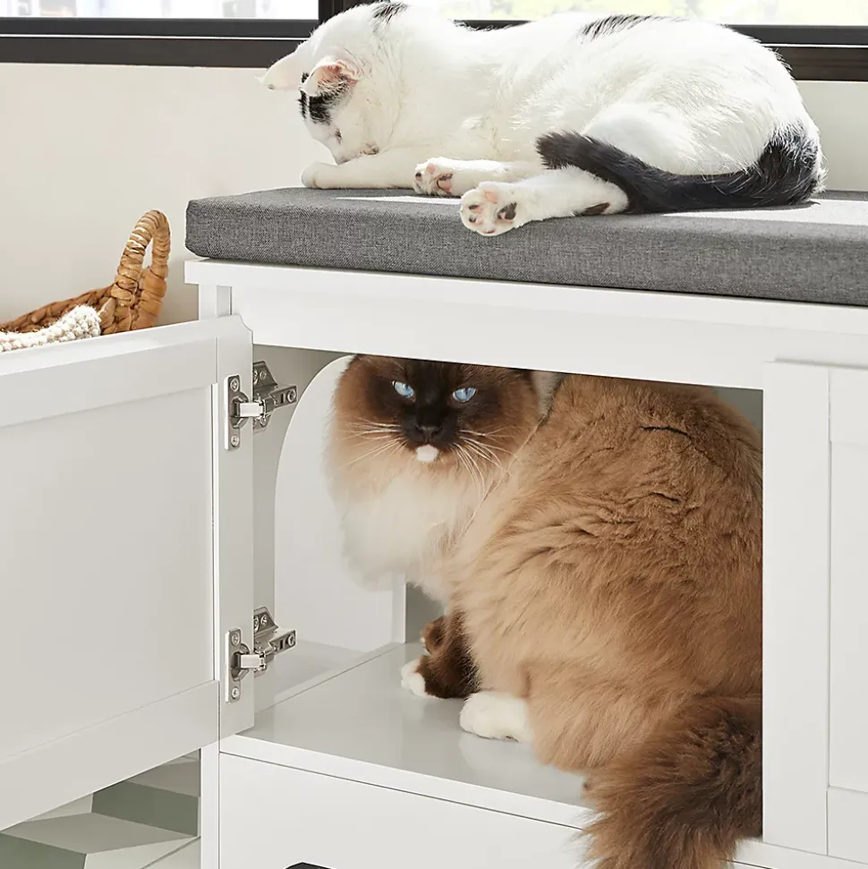 Banc à Chaussures Meuble Litière Chat, 2 Portes, 3 Bols Intégrés, Coussin, FSR136-W, SoBuy