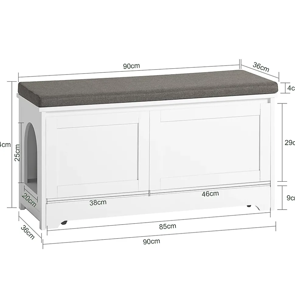 Banc à Chaussures Meuble Litière Chat, 2 Portes, 3 Bols Intégrés, Coussin, FSR136-W, SoBuy