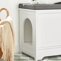 Banc à Chaussures Meuble Litière Chat, 2 Portes, 3 Bols Intégrés, Coussin, FSR136-W, SoBuy