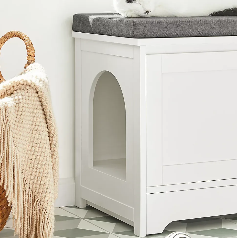 Banc à Chaussures Meuble Litière Chat, 2 Portes, 3 Bols Intégrés, Coussin, FSR136-W, SoBuy
