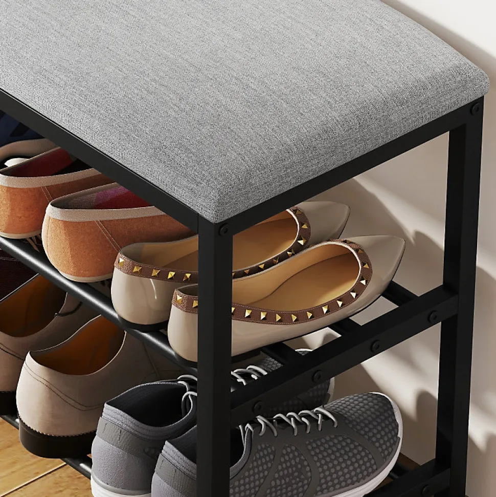 Banc à Chaussures Noir - Meuble d'entrée avec Assise Rembourrée et 2 Compartiments, Métal et Tissu, 81x31x50 cm