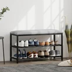 Banc à Chaussures Noir - Meuble d'entrée avec Assise Rembourrée et 2 Compartiments, Métal et Tissu, 81x31x50 cm
