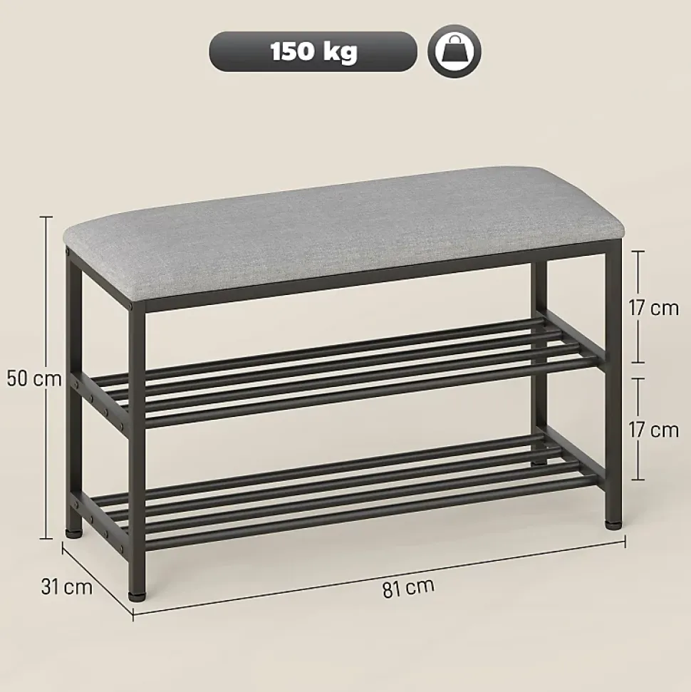 Banc à Chaussures Noir - Meuble d'entrée avec Assise Rembourrée et 2 Compartiments, Métal et Tissu, 81x31x50 cm