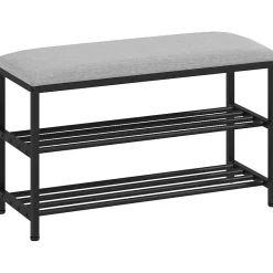 Banc à Chaussures Noir - Meuble d'entrée avec Assise Rembourrée et 2 Compartiments, Métal et Tissu, 81x31x50 cm