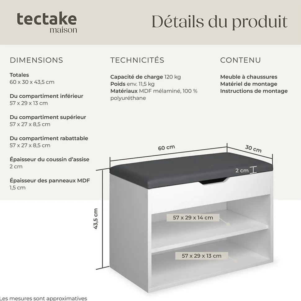 Banc à chaussures Pour 6 paires avec Assise rembourrée blanc