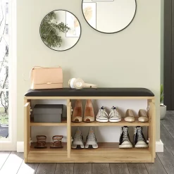 Banc à chaussures Salasal 46x89,5x35,5 Panneau de particules Simili-cuir Chêne clair Gris Foncé Moderne