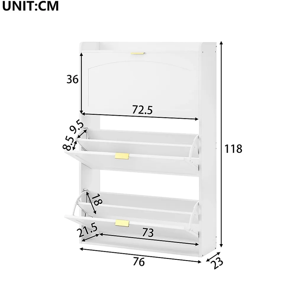 Banc à chaussures étroit avec 3 volets, armoire à chaussures, commode à chaussures,76x23x118cm,blanc