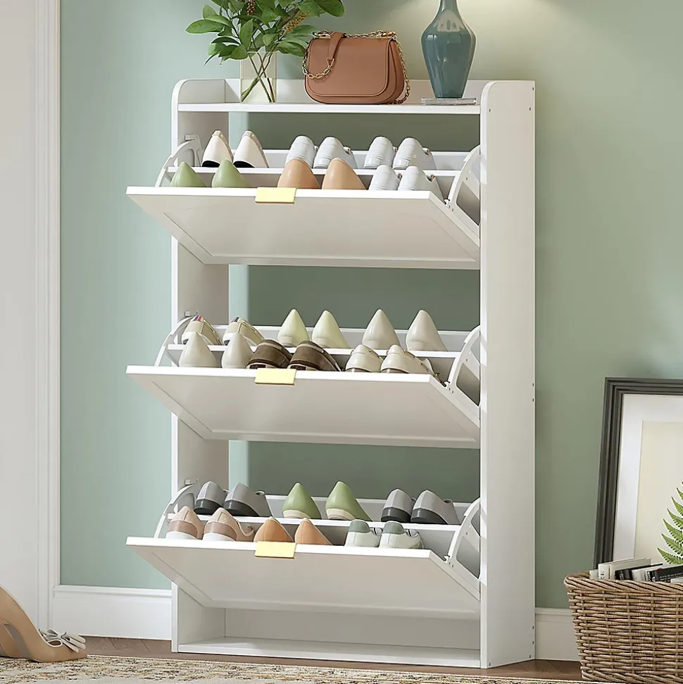 Banc à chaussures étroit avec 3 volets, armoire à chaussures, commode à chaussures,76x23x118cm,blanc
