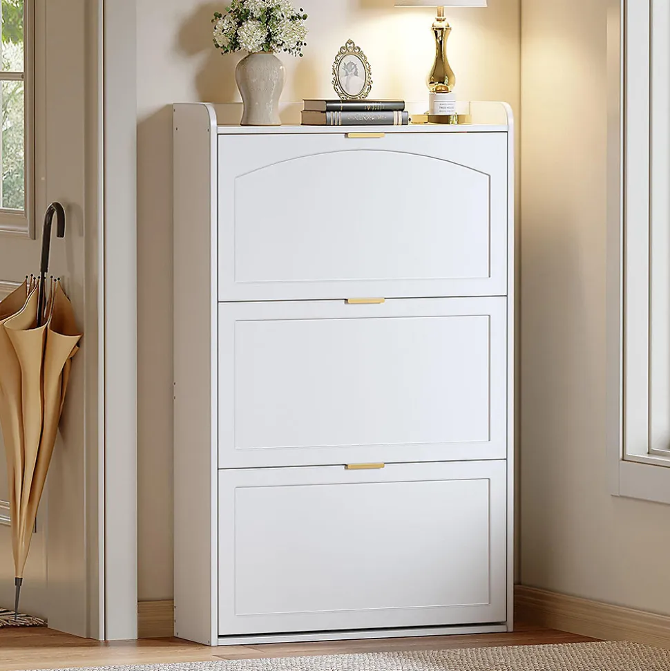 Banc à chaussures étroit avec 3 volets, armoire à chaussures, commode à chaussures,76x23x118cm,blanc