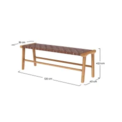 Banc 120 cm en cuir tressé marron et bois de teck - Kuna