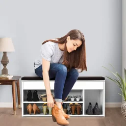 Banc a Chaussures avec Coussin Meuble a Chaussure Multifonctionnel en Bois Commode a Chaussures pour Entree