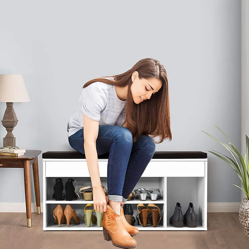 Banc a Chaussures avec Coussin Meuble a Chaussure Multifonctionnel en Bois Commode a Chaussures pour Entree
