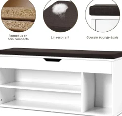 Banc a Chaussures avec Coussin Meuble a Chaussure Multifonctionnel en Bois Commode a Chaussures pour Entree