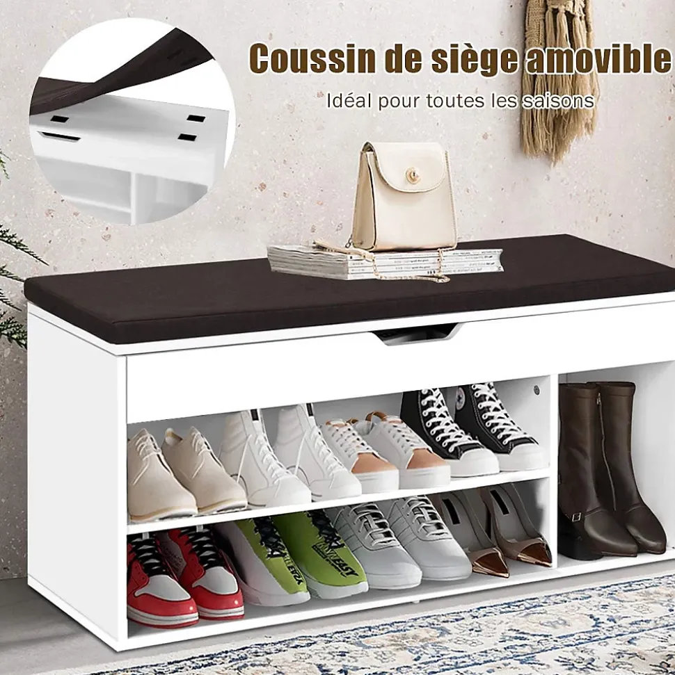 Banc a Chaussures avec Coussin Meuble a Chaussure Multifonctionnel en Bois Commode a Chaussures pour Entree