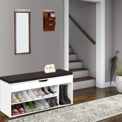 Banc a Chaussures avec Coussin Meuble a Chaussure Multifonctionnel en Bois Commode a Chaussures pour Entree