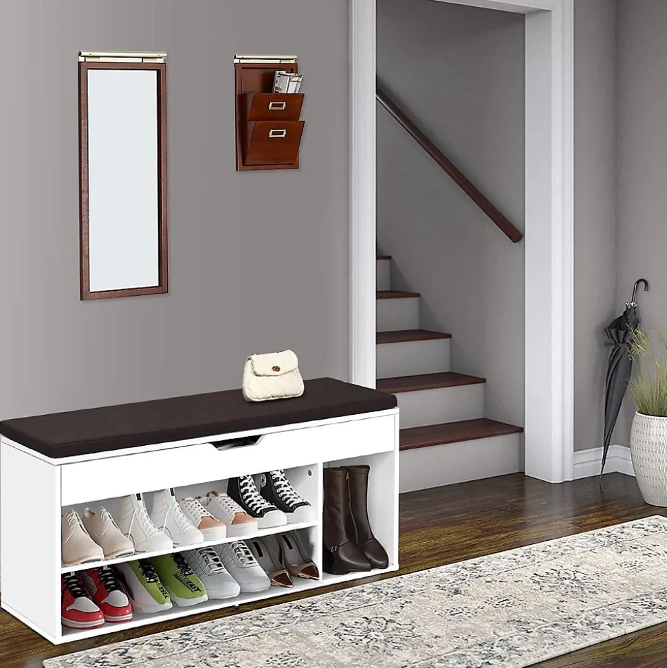 Banc a Chaussures avec Coussin Meuble a Chaussure Multifonctionnel en Bois Commode a Chaussures pour Entree