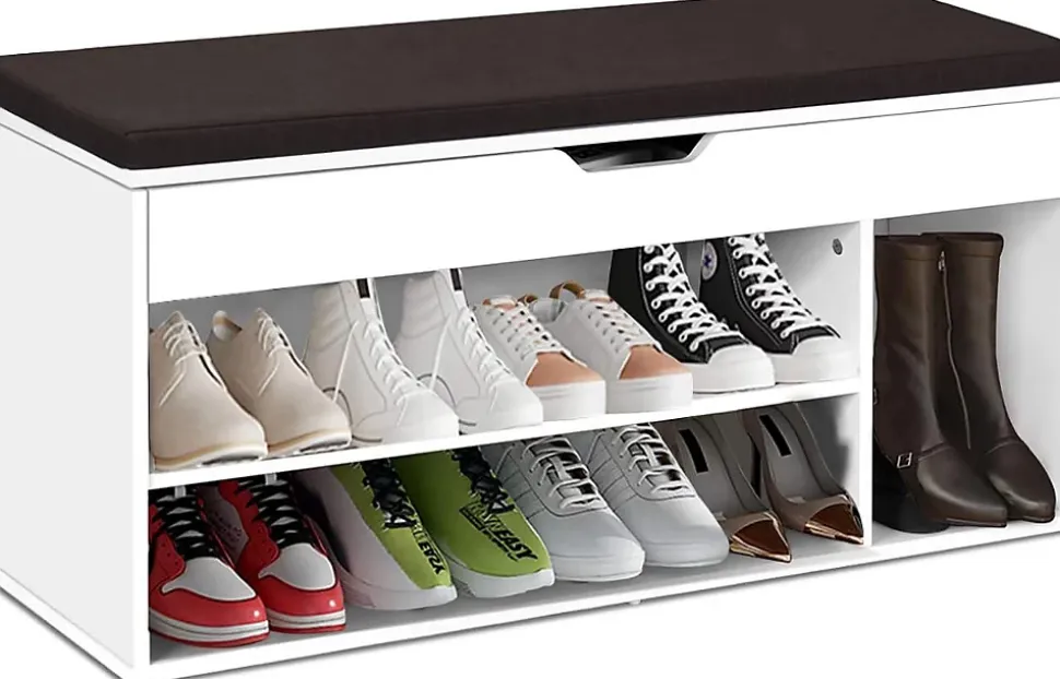 Banc a Chaussures avec Coussin Meuble a Chaussure Multifonctionnel en Bois Commode a Chaussures pour Entree
