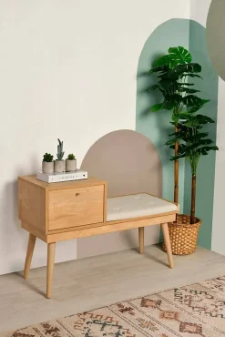Banc Asolo, Banc polyvalent, Sièges pour les invités, Coffre multifonctionnel, 40x105h45 cm, Chêne et Crème